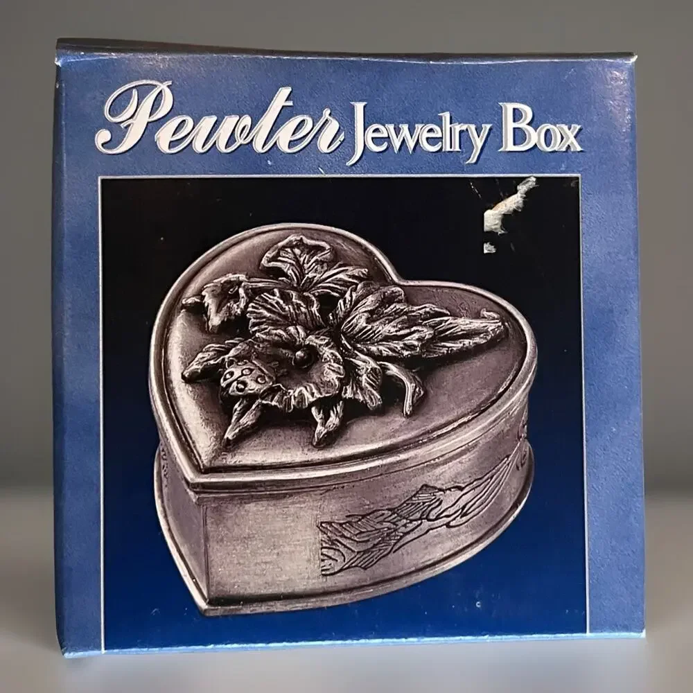 VTG New K-Mart Exclusive Troy MI Taiwan Antique Finish Pewter Heart Jewelry Box